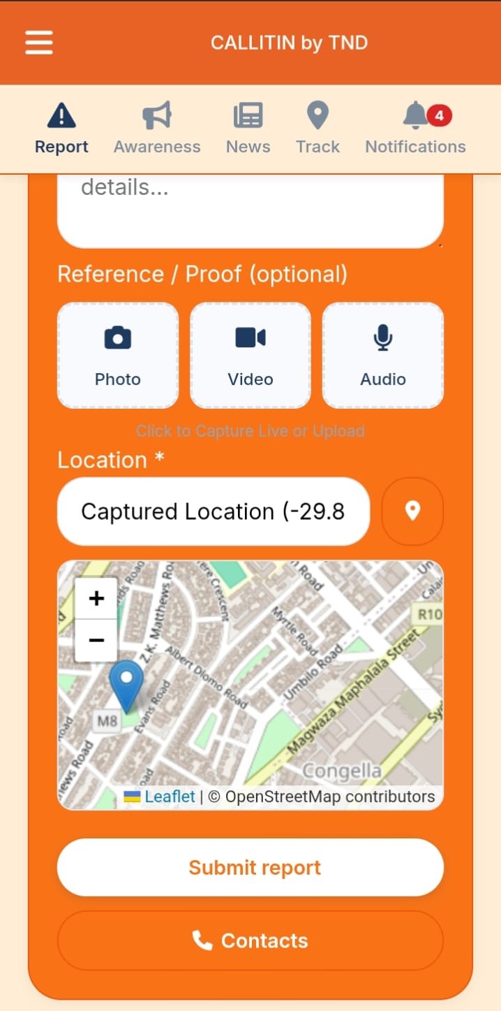 Callitin mobile app report submission screen